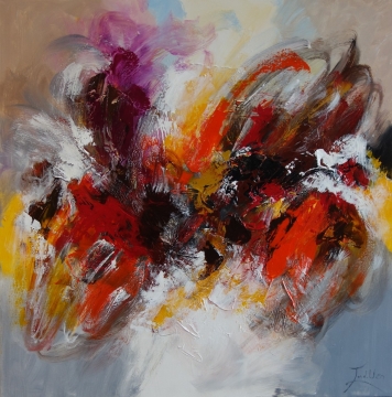 Kleurrijk abstract schilderij met dynamische penseelstreken in rood, geel, groen en blauwtinten op een zachte achtergrond.