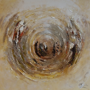 Abstracte schildering met grijze, gele en oranje tinten, verweven in dynamische penseelstreken en textuur.