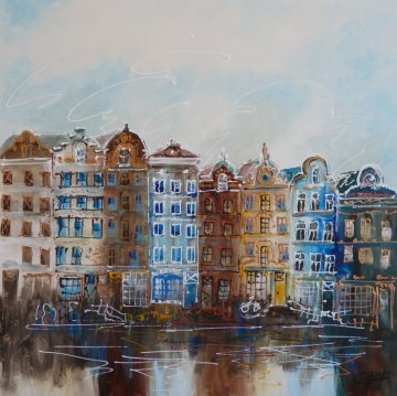 Schilderij huisjes aan gracht 100x100