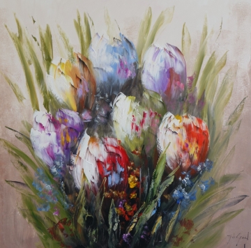 Kleurige tulpen in verscheidene tinten van rood, roze, paars en wit, met een zachte, abstracte achtergrond in aardetinten.