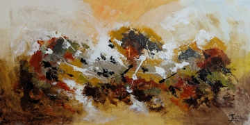 Kleurrijke abstracte schildering met dynamische swirl-bewegingen in rood, oranje, blauw en wit op een lichtgrijze achtergrond.