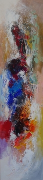 Abstracte schildering met levendige rode, gele, en blauwe tinten op een lichte achtergrond, dynamische vloeiende lijnen en textuur.