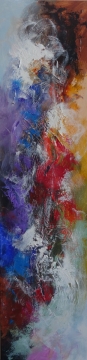 Abstract schilderij met felle kleuren zoals rood, blauw en geel, met een dynamische, golvende compositie en textuur.