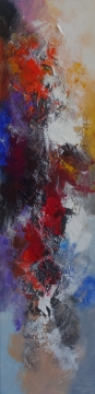 Abstract schilderij met dynamische kleurverschillen, voornamelijk rood, zwart en geel, met een experimentele penseelvoering.