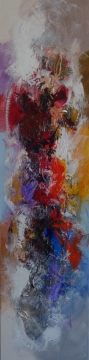 Kleurrijke abstracte schilderij met een dynamische compositie van rode, oranje en paarse tinten op een lichte achtergrond.