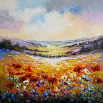 Schilderij bloemenveld 100x100