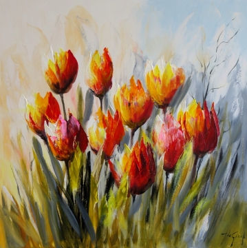 Kleurige tulpen in felrood, oranje, paars en wit, omgeven door groene bladeren en kleine bloemen, met dynamische penseelstreken.