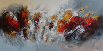 Kleurrijk abstract schilderij met dynamische rondingen in rood, geel, blauw en paars, op een zachte lichtgrijze achtergrond.