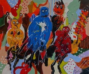 Kleurrijke abstracte afbeelding van een stier met een levendige mix van rood, geel, blauw en zwart op een lichte achtergrond.