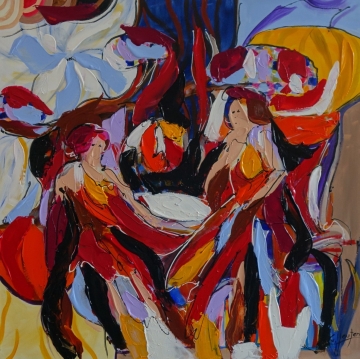 Abstract schilderij met felle kleuren zoals geel, blauw en rood, waar gezichten en vormen vervormd zijn in een levendige compositie.