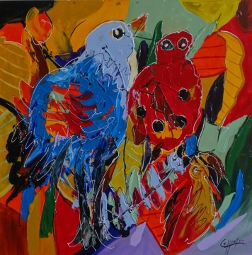 Abstract schilderij met felle kleuren zoals geel, blauw en rood, waar gezichten en vormen vervormd zijn in een levendige compositie.