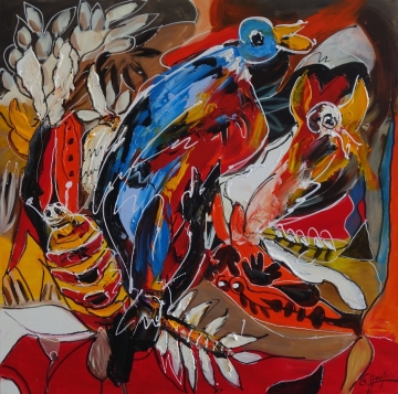 Abstract schilderij met felle kleuren zoals geel, blauw en rood, waar gezichten en vormen vervormd zijn in een levendige compositie.