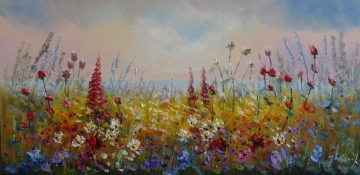 Schilderij bloemenveld 70x140