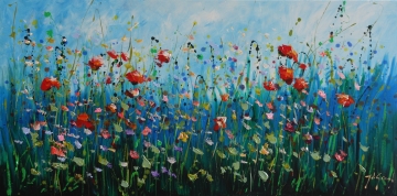 Schilderij kleurrijk bloemenveld 70x140