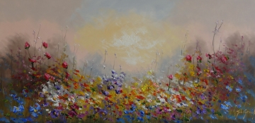 Schilderij bloemenveld 70x140