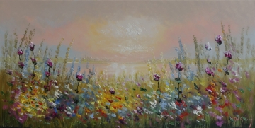 Schilderij bloemenveld 70x140