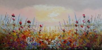 Schilderij kleurrijk bloemenveld 70x140