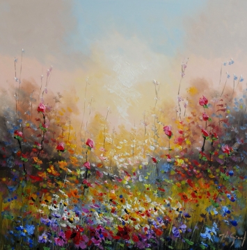 Schilderij bloemenveld 100x100