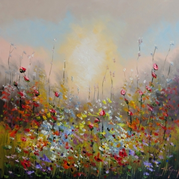 Schilderij bloemenveld 100x100