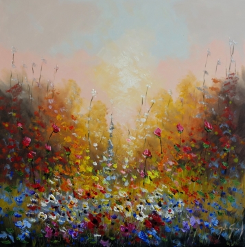 Schilderij bloemenveld 100x100