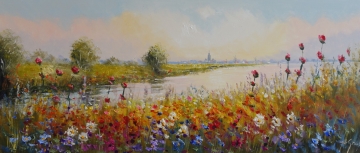 Kleurrijke bloemenweide met gele, rode, paarse en witte bloesems tegen een zachtblauwe lucht in abstracte stijl.