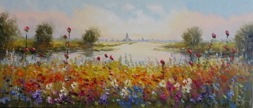 Kleurrijke bloemenweide met gele, rode, paarse en witte bloesems tegen een zachtblauwe lucht in abstracte stijl.