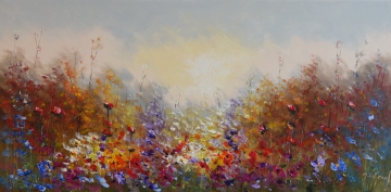 Schilderij bloemenveld 70x140