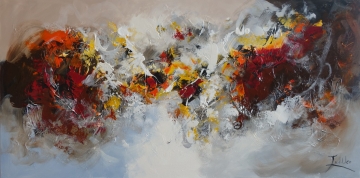 Kleurvolle abstracte schilderkunst met levendige rode, groene en gele tinten op een contrastrijke zwarte en witte achtergrond.