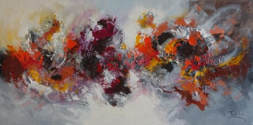 Kleurrijk abstract schilderij met warme tinten van rood, oranje en goud, opgebouwd uit dynamische penseelstreken en spatten.