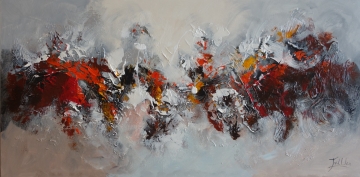 Abstracte compositie in aardetinten van oranje, groen en zwart, met dynamische penseelstreken op een grijze achtergrond.