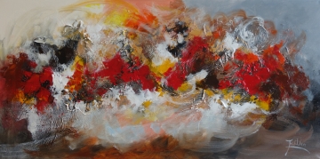 Abstract schilderij in warme tinten van rood, oranje en goud, met dynamische, beweging lijkende penseelstreken en textuur.