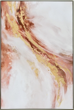 Abstracte schildering met zachte tinten van roze en wit, accentueerd door gouden vleugen en dynamische lijnen.