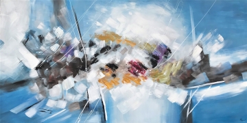 Abstract schilderij met een levendig palet van blauw, wit, zwart en subtiele tinten geel en paars, met dynamische penseelstreken.