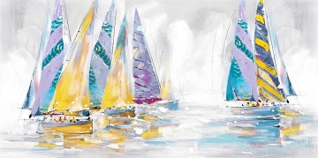 Vijf kleurrijke zeilschepen met vibrante zeilen van paars, geel en turquoise, varen over een glinsterend wateroppervlak.