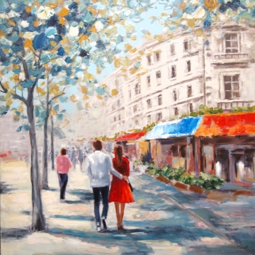 Schilderij gezellig in de stad 100x100