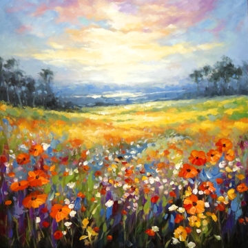 Schilderij bloemenveld landschap 100x100