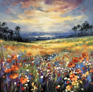 Schilderij bloemenveld landschap 100x100