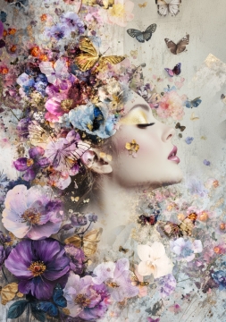 Beauty with flowers and butterflies II op canvas 70x100 