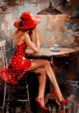 vrouw in cafe op canvas 70x100 