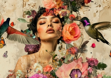 Beauty with flowers and birds op canvas 70x100 