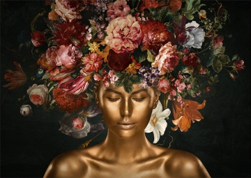 Gold woman with flowers op glas 80x120