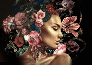 Gold woman with flowers II op glas 80x120