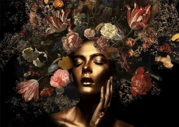 Gold woman with flowers III op glas 80x120