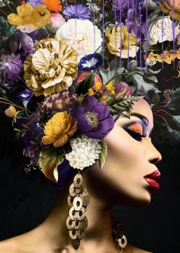 Woman with flowers colourful op glas 80x120