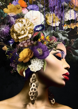 Woman with flowers colourful op glas 70x100