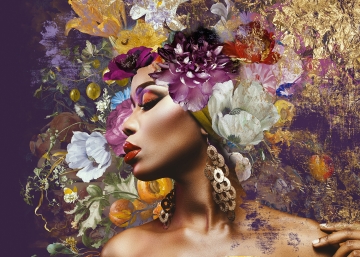 Woman with flowers II great op glas 70x100