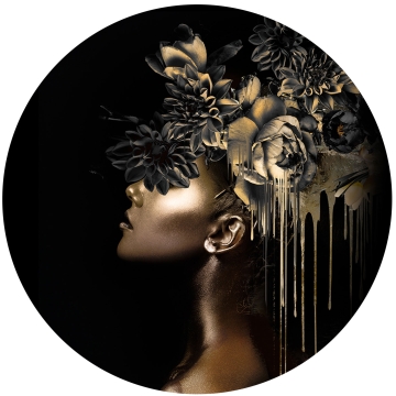 Black gold woman II op glas rond 70cm
