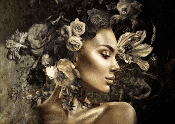 Gold woman with tulips op glas 70x100