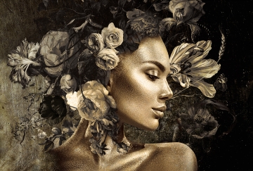 Gold woman with tulips op glas 80x120