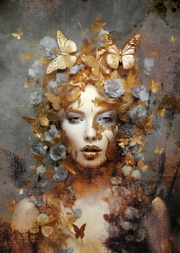 Een vrouwelijk portret met gouden vlinders en bloemen in een ethereal achtergrond van grijze en gouden tinten.